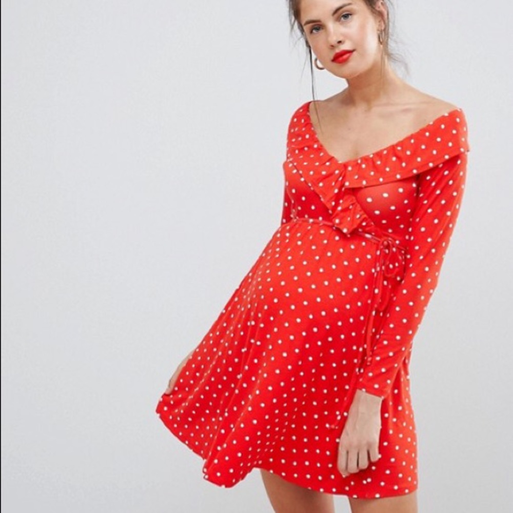 ASOS Red Polka Dot Maternity Dress Sweetheart Neck